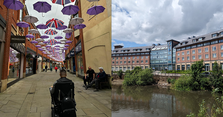 wheelchair user at Prince Bishops Shopping Centre with umbrella art display and image of Radisson Blu Hotel Durham City.